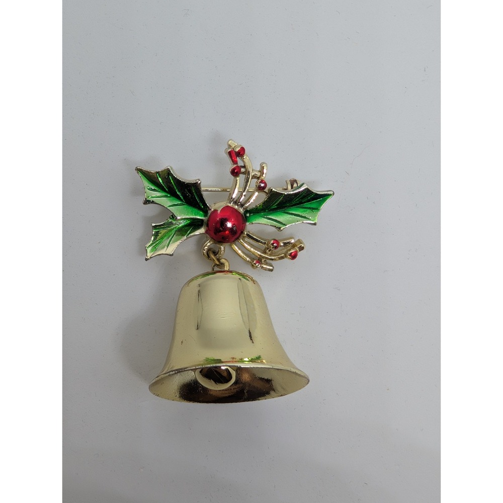 Vintage Goldtone Red Green Enamel Christmas Holly Bell Brooch Pin